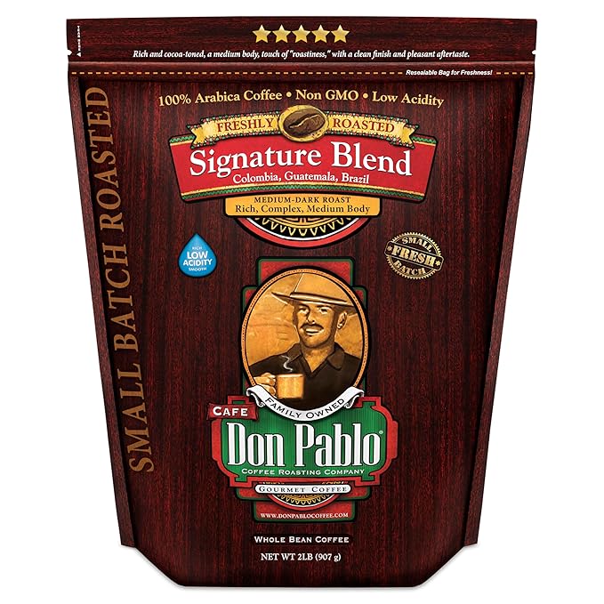 2LB Don Pablo Gourmet Coffee - Signature Blend - Medium Dark Roast - Whole Bean Coffee - 100% Arabica Beans - Low Acidity and Non-GMO - 2lb bag