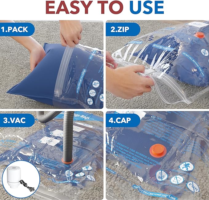 Vacuum Storage Bags with Electric Air Pump 24 Combo (5 Jumbo/5 Large/5 Medium/5 Small/4 Roll), Plastic Packaging Bags,Space Saver Sealer Bags for Clothes, Pillows, Comforters, Blankets, Bedding