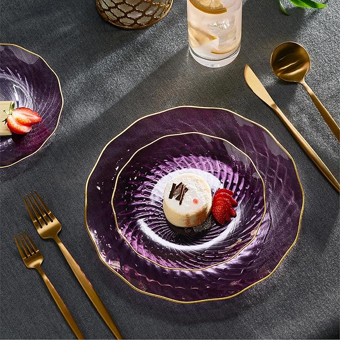 PLASTICPRO 120 Pack Plastic Plates Set of 60-10 inch Plates and 60-7 inch Plates, Elegant Clear Purple Spiral and Gold Rim Disposable Fancy Plates Premium Heavyweight