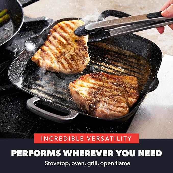 GreenPan x Bobby Flay Cast Iron 11” Square Grill Pan, Pre-Seasoned Professional Grade Heavy Duty Skillet, Helper Handles, Induction Suitable, Stovetop, Oven, BBQ & Fire, Indoor & Outdoor Use, Black