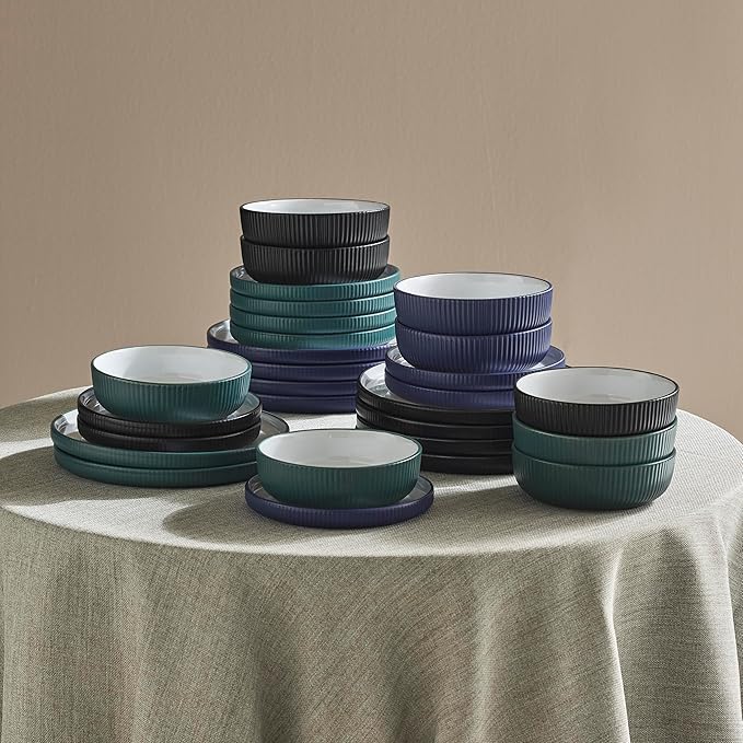 Christian Siriano Laro 24-Piece Stoneware Dinnerware Set, Plates and Bowls Set, Microwave and Dishwasher Safe, Dish Set for 8, Dark Blue