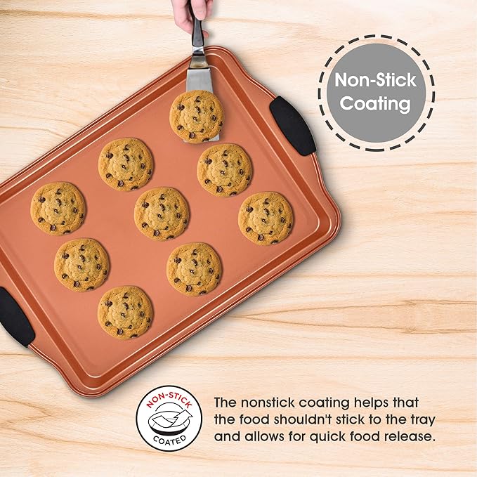Perlli Baking Sheet 4 Piece Set Nonstick Copper Carbon Steel Oven Bakeware Kitchen Set with Silicone Grips, Includes 2x 9x13" Cookie Sheets, 9x13" Baking Pan with Plastic Lid