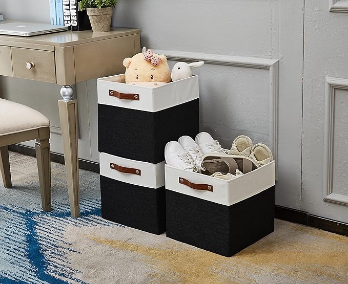 DECOMOMO Cube Storage Bins | Fabric Storage Cubes Closet Organizer Cubby Bins for Shelves Cloth Nursery Decorative Storage Cubes with Handles (Black &White, 11 x 11 x 11 inch)