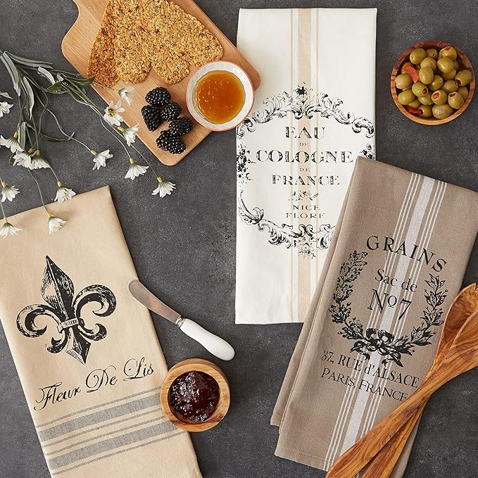 DII French Style Tabletop Kitchen Collection, Dishtowel Set, 18x28, Assorted French Grain, 3 Piece