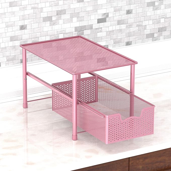 Simple Houseware Stackable Under Sink Cabinet Sliding Basket Organizer Drawer, Pink