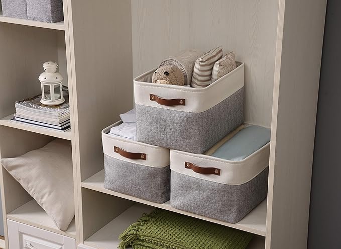 DECOMOMO Storage Baskets for Shelves - Fabric Storage Bins, Linen Closet Organizers and Storage (Grey & White, XL - 4 Pack)
