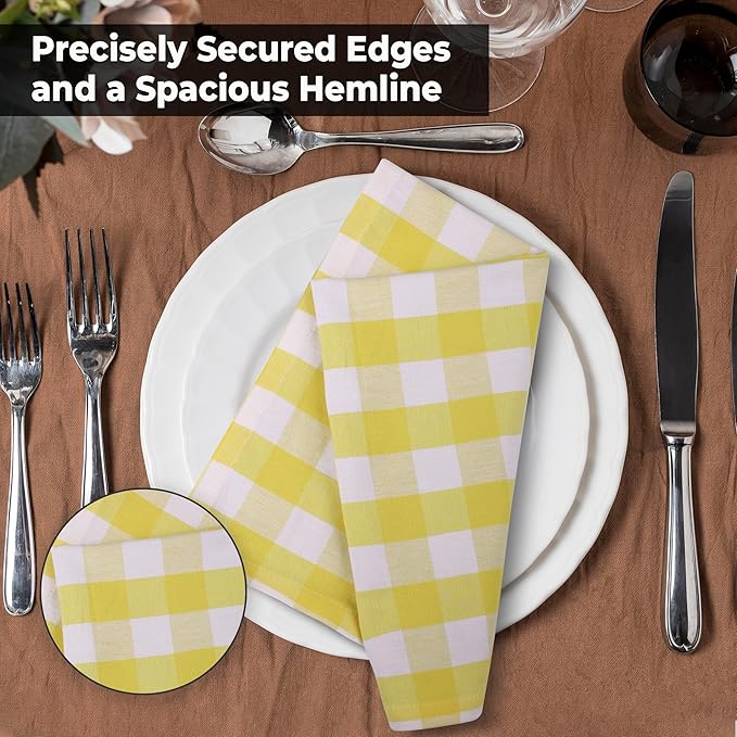 Urban Villa Cotton Dinner Napkins Set of 6, Highly Absorbent 20x20 Inches Premium Cloth Napkins Hotel Quality Reusable & Washable Table Dinner Napkins for Home & Weddings - Yellow/White, Checks
