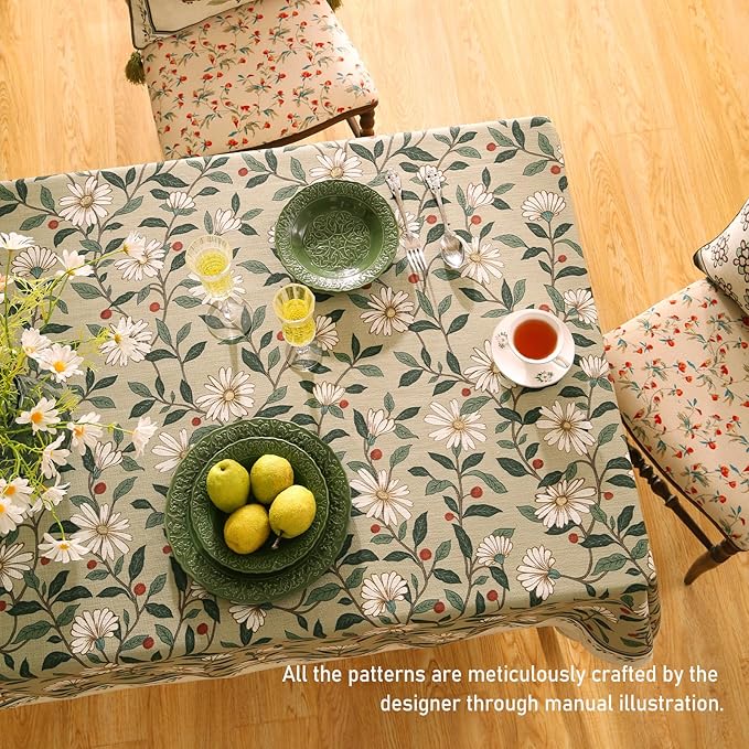ISAENNE Designer Green Linen Extra Long Tablecloth Rectangle,Floral French Country Indoor Table Cloth,Stain Resistant Home Decor Tablecloths for Dining Kitchen Thanksgiving Party,63"*110"-Brune