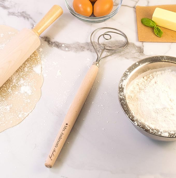 Mrs. Anderson's Baking Dough Whisk 18/8 Stainless Steel Blade, 15-Inches, wood