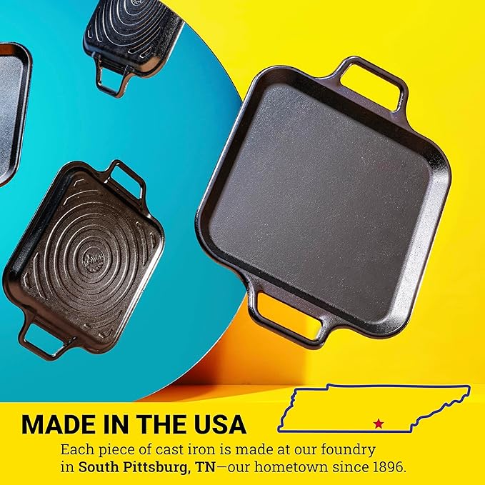 Lodge BOLD 12 Inch Seasoned Cast Iron Square Griddle with Loop Handles, Design-Forward Cookware