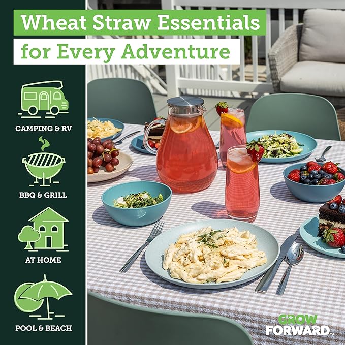Grow Forward 16-piece Premium Wheat Straw Dinnerware Sets for 4 - Unbreakable Dishwasher & Microwave Safe Plastic Plates and Bowls Sets - Patio, Outdoors, RV, Camping Dishes - Seascape