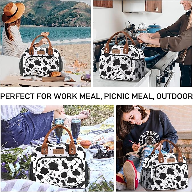 HOMESPON Buringer Lunch Bag for Woman Man Adults with Front Pocket Insulated Lunch Tote Lunch Box Container for Work Picnic or Travel (Cow Side Pockets)