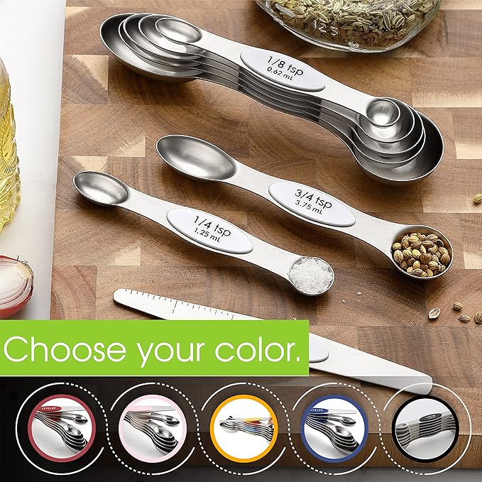 Spring Chef White Stainless Steel Magnetic Measuring Spoons Set of 8 with Leveler, Dual Sided Metal Teaspoon & Tablespoon Measuring Spoons, Fits in Spice Jars, Kitchen Gadgets for Baking & Cooking