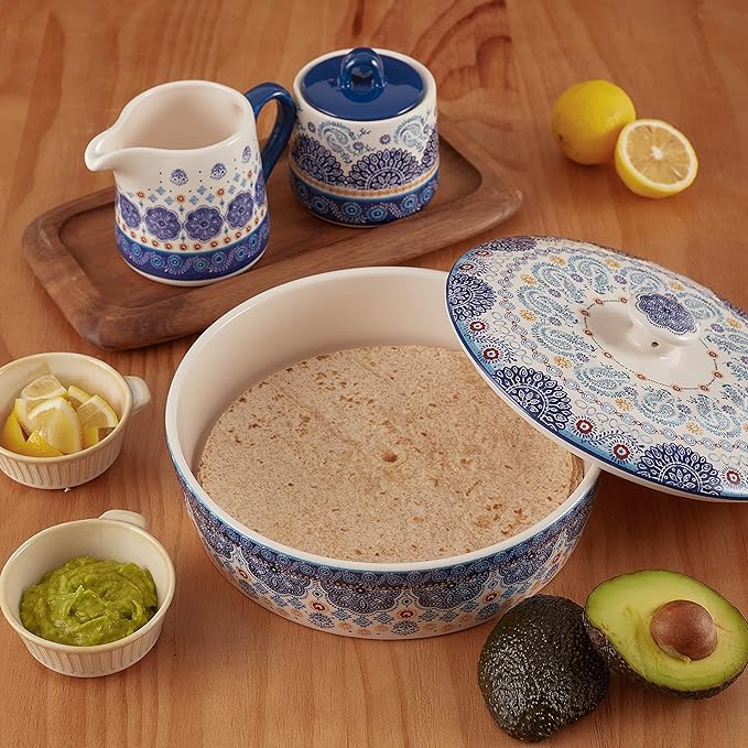 Bico Blue Talavera Ceramic Tortilla Warmer, 8.9 Inch Tortilla Holder with Lid for Taco Bread Pancake for Mexican Night and Party, Microwave and Dishwasher Safe