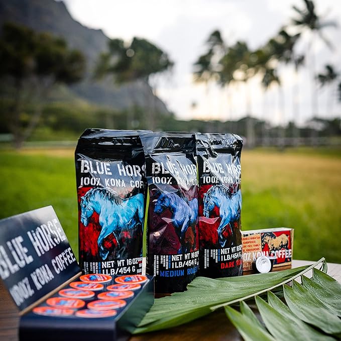 Blue Horse 100% Kona Coffee, Dark Roast, Arabica Whole Beans, 8 oz Bag, Farm Fresh, Authentic Hawaiian Coffee from the Big Island