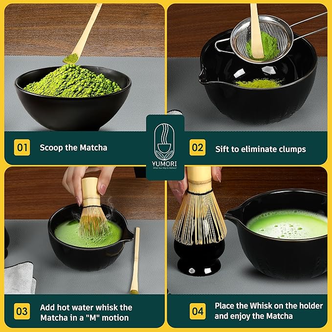 6 Pcs Matcha Whisk Set | Matcha kit with Black Bowl, Bamboo Whisk, Scoop, Sifter, Holder for whisk & Cleaning Cloth, Traditional Matcha Set in Magnetic Gift Box