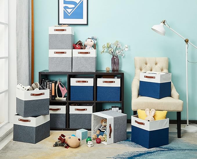 DECOMOMO Fabric Cube Storage Bins - Storage Baskets for Shelves, Cube Storage Organizer for Kallax and Cubbies (Grey & White, 11 inch Cube) - 4 Pack