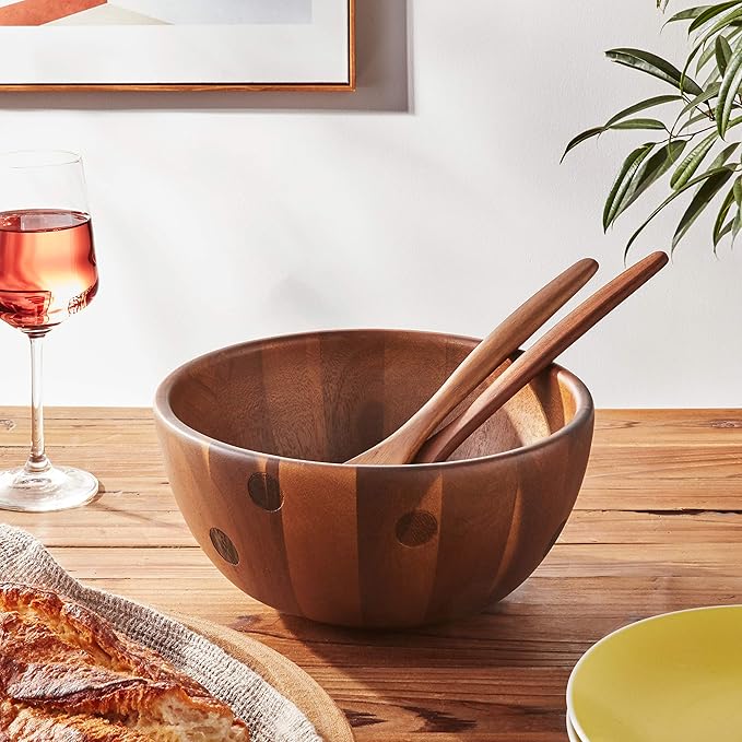 Kate Spade New York Deco Dot Salad Bowl with Servers, 1.85 LB, Brown