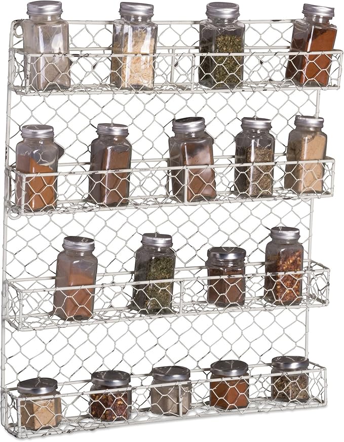 DII Farmhouse Vintage Decorative Metal Pantry Spice Rack Organizer, 17Lx2.3Wx20H", 4 Tier Spice Rack - White