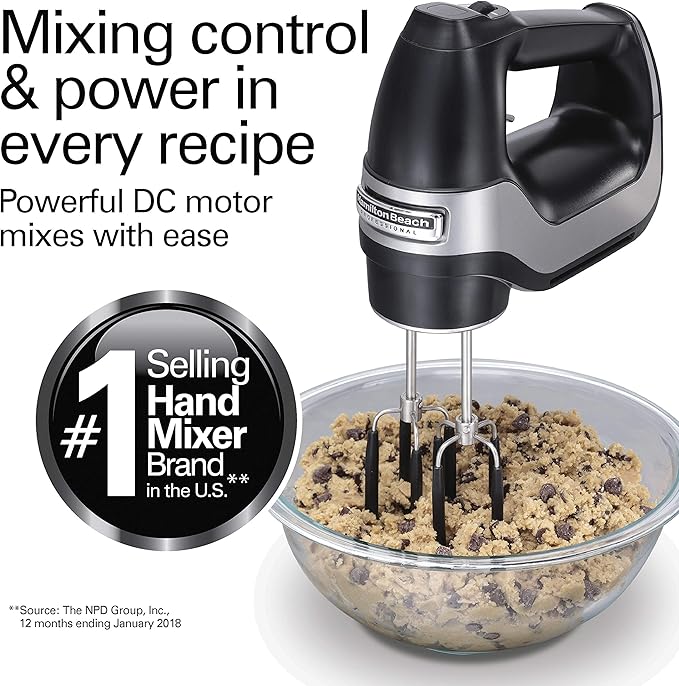 Hamilton Beach Professional 7-Speed Digital Electric Hand Mixer with High-Performance DC Motor, Slow Start, Snap-On Storage Case, SoftScrape Beaters, Whisk, Dough Hooks, Matte Black (62655)