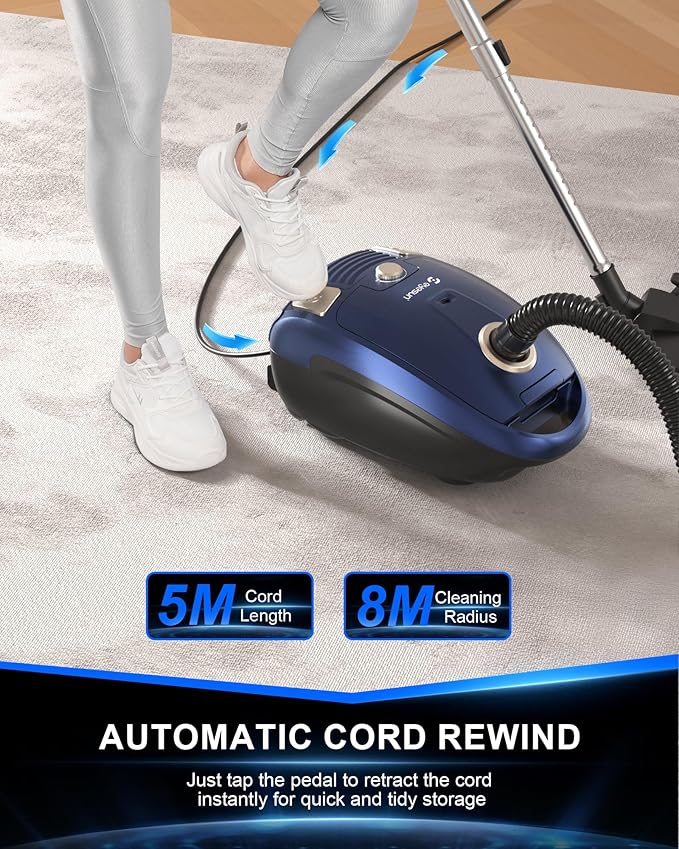 Bagged Canister Vacuum Cleaner,1400W Powerful High-Suction Bagged Canister Vac with 3.7QT Dust Bags,Pop-N-Go Brush,HEPA Filter,Dual Motors&4 Cleaning Tools,Perfect for Low-Pile Carpets&Hard Floors
