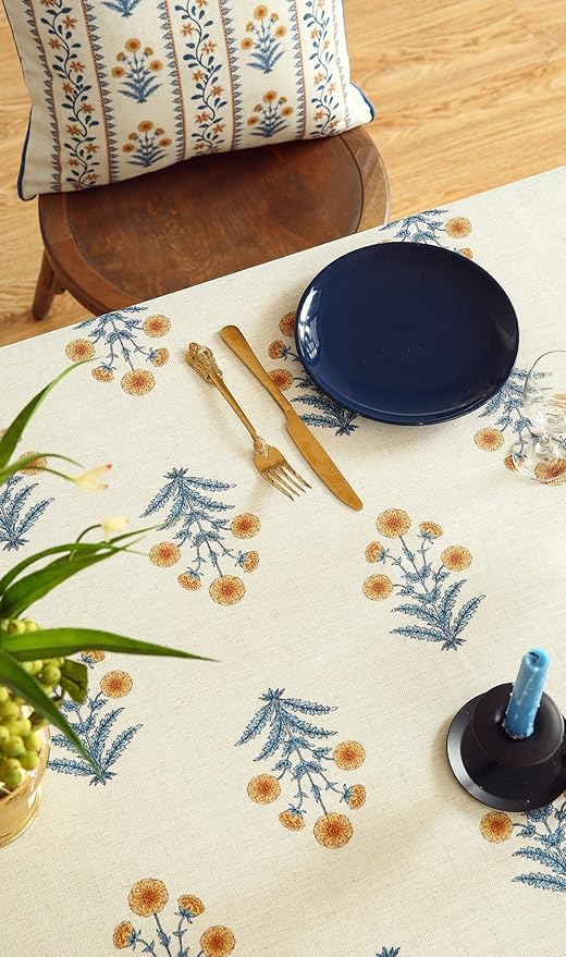 ISAENNE Designer French Pale Yellow Rectangular Tablecloth,Linen Floral Table Cloth,Wrinkle Resistant Decor Tablecloths for Dining Thanksgiving Banquet Kitchen Party,55"*87"-Estevan A