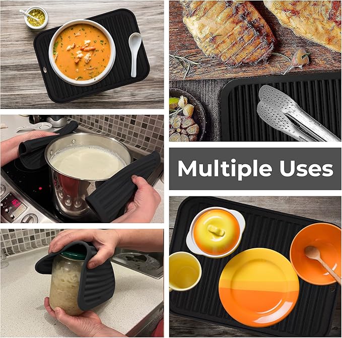 Silicone Trivets for Hot Dishes, Pots, Pans (2 Pack) - Heat-Resistant Pot Holders for Kitchen Countertop Mats - Silicone Trivet Mat (9 x 12 Inch) - Multipurpose Counter Pads (Black)