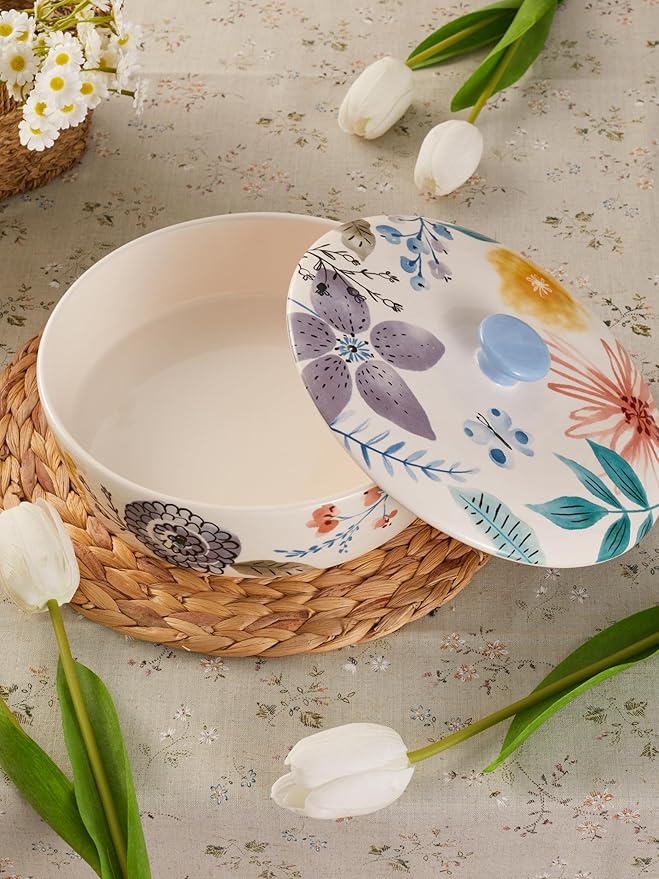 Bico Blossom Symphony Ceramic Tortilla Warmer, 8.9 Inch Tortilla Holder with Lid for Taco Bread Pancake for Mexican Night and Party, Microwave and Dishwasher Safe