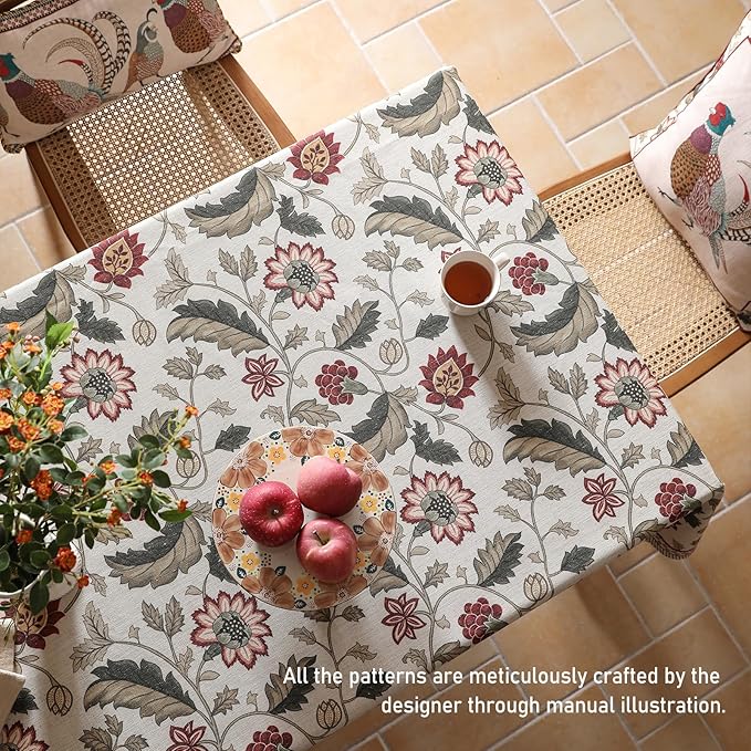 ISAENNE Designer Provence Floral Long Rectangular Tablecloth,Linen Colorful Washable Indoor Table Cloth,Durable Decor Tablecloths for Dining Thanksgiving Kitchen Christmas,63"*94"-Ratina