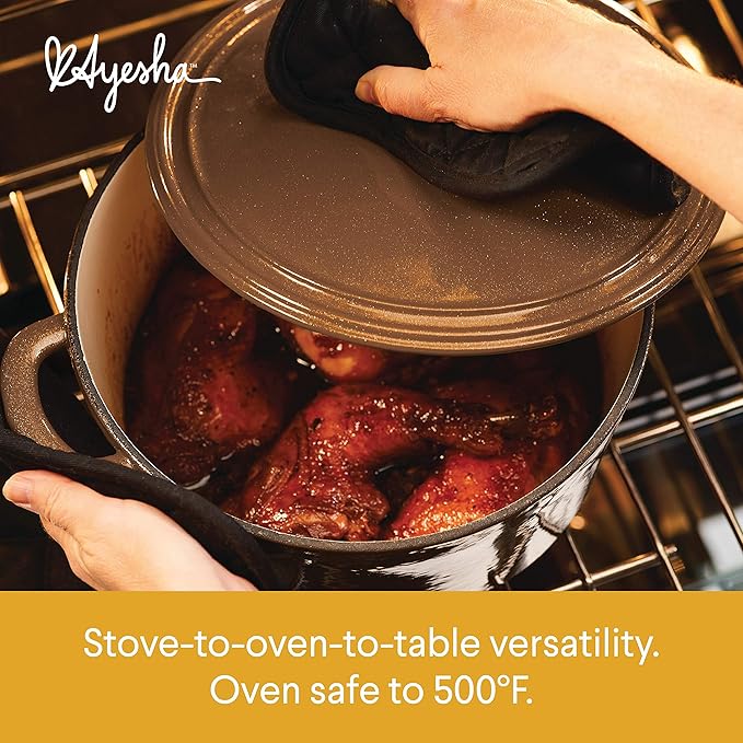 Ayesha Curry Cast Iron Enamel Casserole Dish/ Casserole Pan / Dutch Oven with Lid - 6 Quart, Brown Sugar