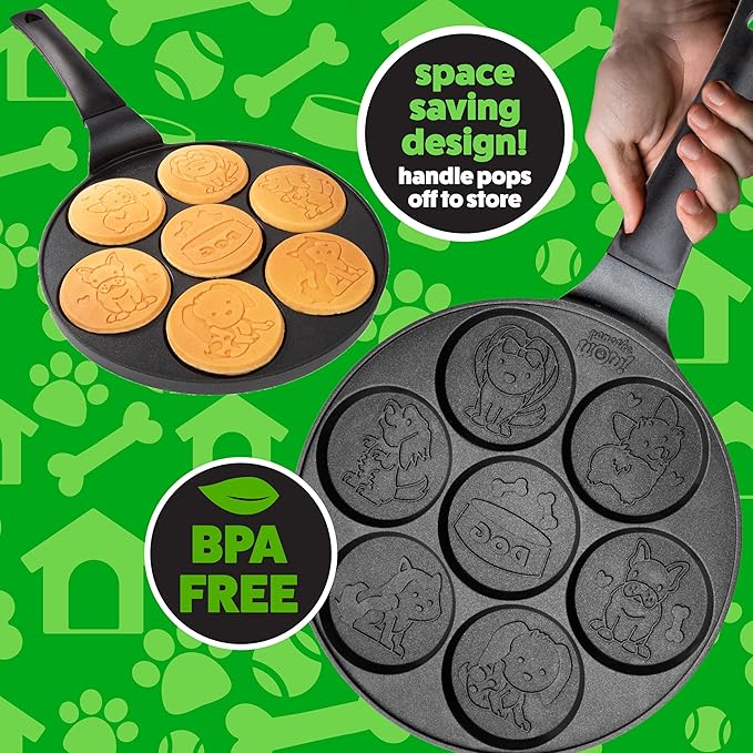 Puppy Friends Mini Pancake Pan- Make 7 Unique Flapjacks- Nonstick Griddle w Long Handle for Breakfast Pup Animal Fun & Easy Cleanup Fun Dog Related Gift for Kids & Adults, Boys Girls, Party Treat