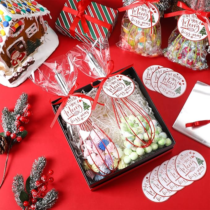 36 Sets 12 Inch Christmas Whisks Gifts DIY Fillable Christmas Tree Ornaments Xmas Colored Silicone Whisks for Cooking Heat Resistant Egg Beaters with Card Rope Bag for Candy Holder