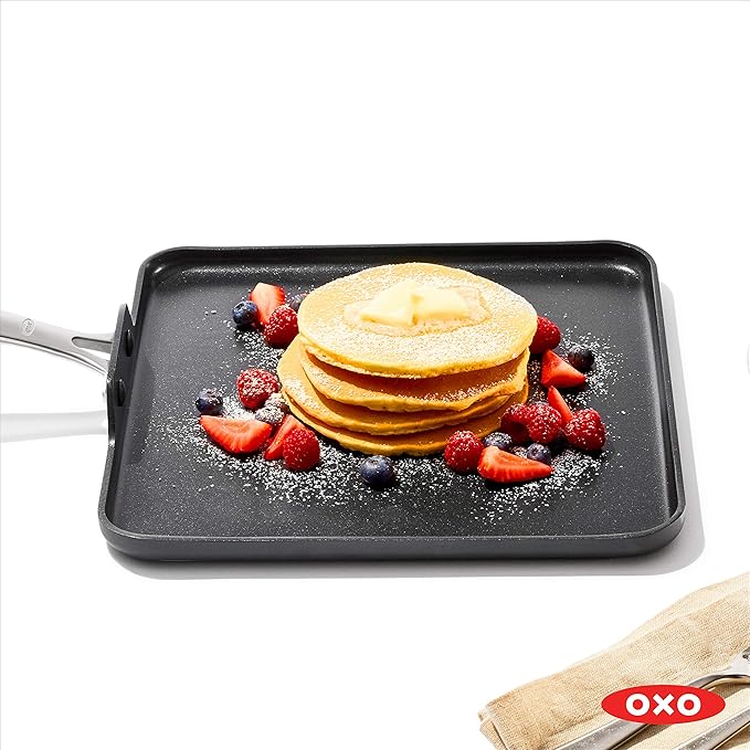OXO Enhanced 11" Griddle Pan, PFAS-Free Ceramic Nonstick, Durable Hard Anodized Cookware, Scratch Resistant, Stainless Steel Handle, Good Grips, Dishwasher Safe, Oven safe, Black