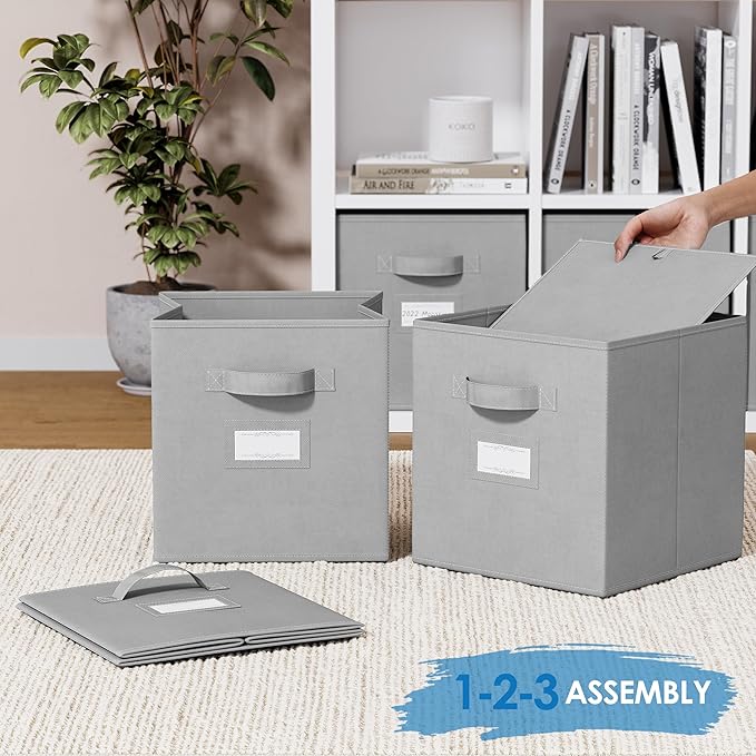 Fabric Storage Cubes for Cube Storage Organizer - 8 Pack Heavy Duty Storage Bins With Labels - 11 Inch Cube Storage Bin (Light Grey)