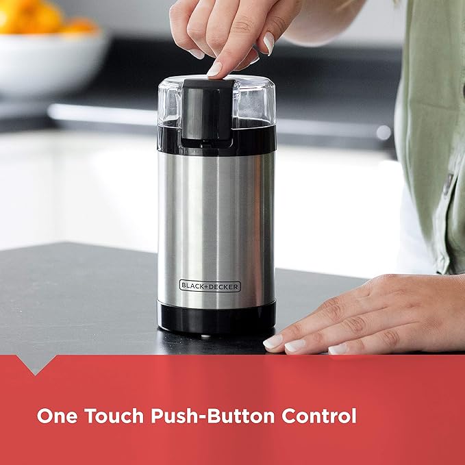 BLACK+DECKER One Touch Coffee Grinder, 2/3 Cup Coffee Bean Capacity, Spice Grinder, One Touch Push-Button Control -150 Watts- Stainless Steel Blades