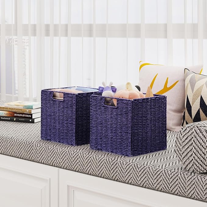 Vagusicc Wicker Storage Basket, Set of 2 Hand-Woven Wicker Basket, 11 inch Storage Basket, Foldable Cube Storage Organizer Bins, Storage Baskets for Organizing Shelves Decor, Purple (11″×11″×11″)