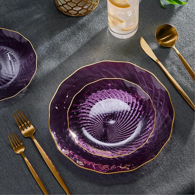 PLASTICPRO 60 Pack Plastic Plates Set of 30-10 inch Plates and 30-7 inch Plate, Elegant Clear Purple Spiral and Gold Rim Disposable Fancy Plate Premium Heavyweight