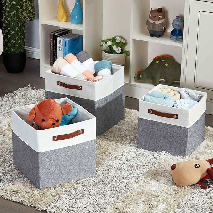 DECOMOMO Fabric Cube Storage Bins - Storage Baskets for Shelves, Cube Storage Organizer for Kallax and Cubbies (Grey & White, 12 inch Cube) - 4 Pack
