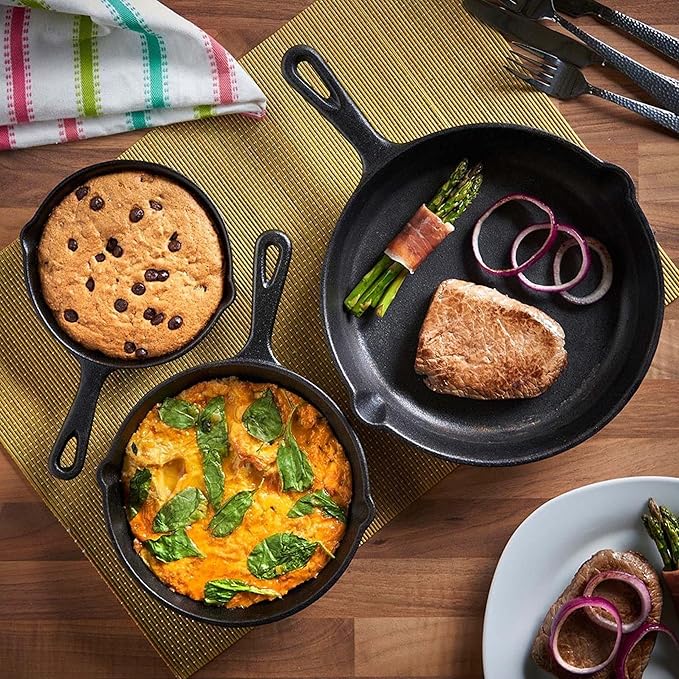 Jim Beam HEA Set of 3 Pre Seasoned Cast Iron Skillets with Even Distribution and Heat Retention-6" 8" 10", 10'', Black,JB0195