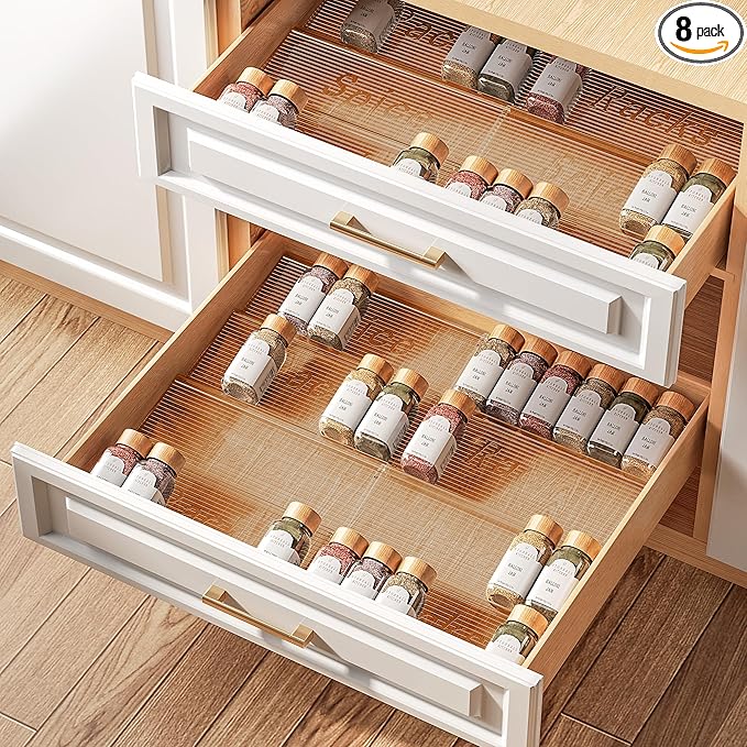 8 Packs Spice Drawer Organizer, 2-Tier Acrylic Drawer Seasoning Organizer, Expandable From 11'' to 22'' Kitchen Spice Rack Organizers and Storage for Drawer (Jars not included), Amber