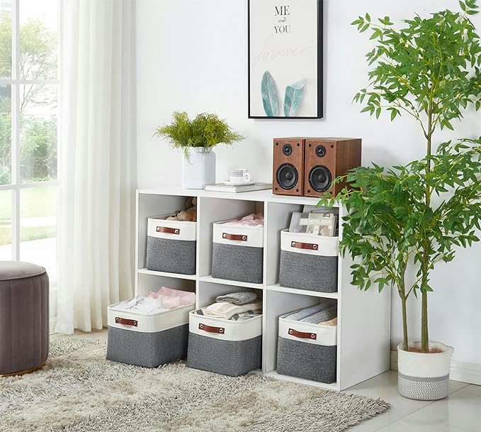 DECOMOMO Storage Baskets for Shelves - Fabric Storage Bins, Linen Closet Organizers and Storage (Slate Grey & White, XL - 3 Pack)