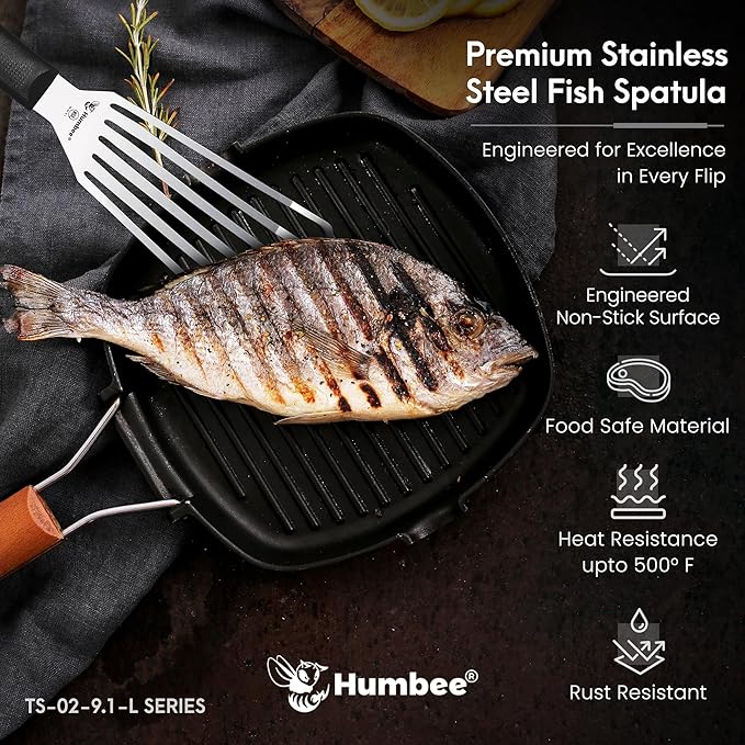9 Inches Fish Turner, Slotted Fish Spatula Dishwasher Safe NSF (Left Hand), Shovel Black