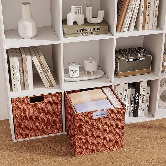 Vagusicc Wicker Storage Basket, Set of 2 Hand-Woven Paper Rope Wicker Basket, Foldable Cube Storage Bins, 9 inch Square Storage Baskets for Organizing Shelves & Decor, Orange (9″×9″×9″)