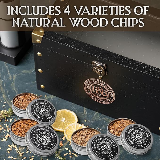 BOURBON&BARREL Cocktail Smoker Kit | Crafted with Walnut Wood | Whiskey Smoker Kit with Instant Smoker, Smoking Box, Food Tray and 4 Varieties of Wood Chips | Old Fashioned Drink Smoker Kit [Black]
