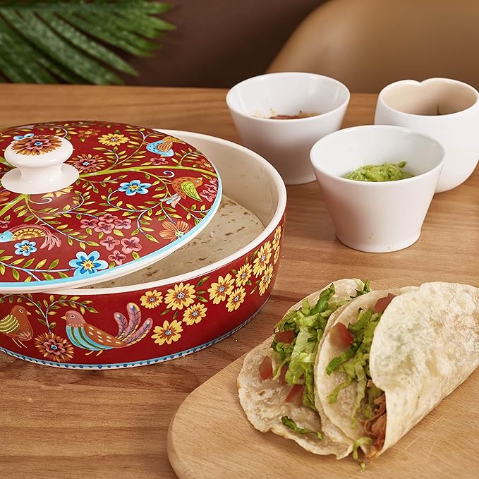 Bico Red Spring Bird Ceramic Tortilla Warmer, 8.9 Inch Tortilla Holder with Lid for Taco Bread Pancake for Mexican Night and Party, Microwave and Dishwasher Safe