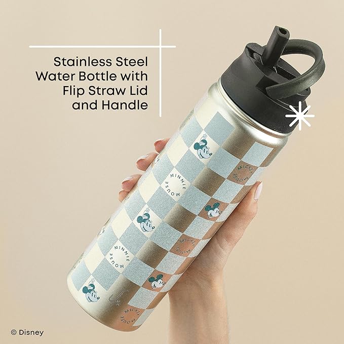 JoyJolt Disney Retro Vintage Stainless Steel Water Bottle ft Mickey & Minnie Mouse, Reusable 22oz Vacuum Insulated Water Bottle Tumbler with Leak Proof Flip Straw Lid and Handle, Lead & BPA Free