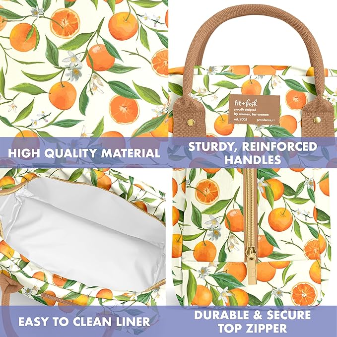 Fit & Fresh Bloomington Lunch Bag for Women - Insulated Large Lunch Box for Work with Containers, Leak-Resistant, Stain-Resistant, Zipper Closure, Orange Blossoms