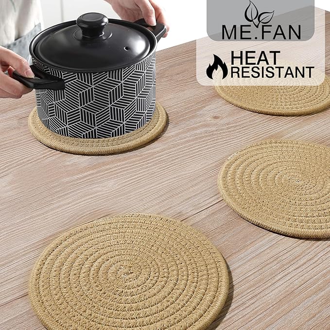 ME.FAN 7 Inch Trivets/Potholders 4 Set Cotton Thread Weave Trivets for Pots and Pans - Large Coasters/Hot Pads to Protect Desktop & Countertop - Brown