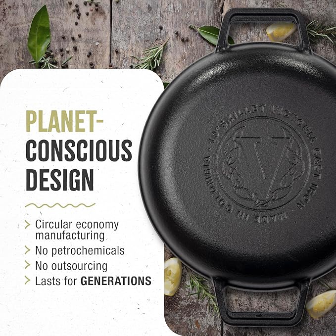 Victoria Cast Iron Round Grill Pan with Double Loop Handles, Made in Colombia, 10 Inches