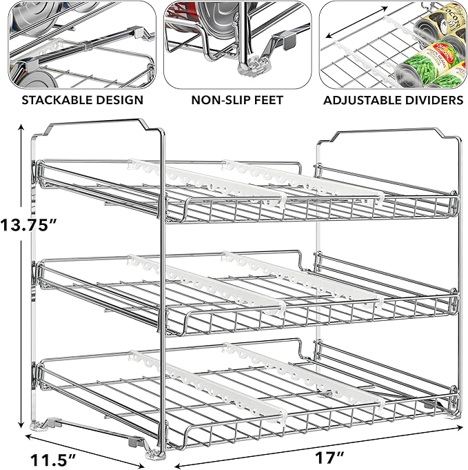 Simple Houseware Stackable Can Organizer Rack for Pantry/Cabinet – 11.5" D x 17" W x 13.75" H, Holds 36 Cans, 3-Tier Can Food Storage Dispenser, Chrome